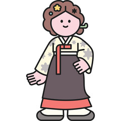 Stylized illustration of a person in traditional Korean hanbok clothing with decorative hair accessories against a transparent background