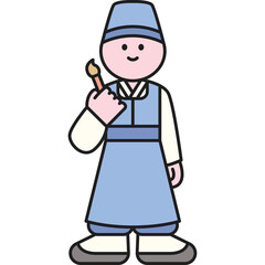 Stylized Illustration Of A Person Wearing A Traditional Korean Hanbok Holding A Paintbrush And Smiling On A Transparent Background