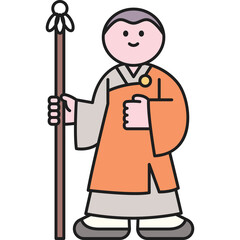 Stylized Buddhist Monk Character Holding a Staff Standing Calmly with a Gentle Smile Neutral Expression and Simple Orange Robes Gray Undershirt and White Trimmed Feet Isolated on Transparent
