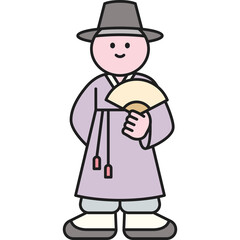Traditional Korean Man Wearing Purple Hanbok and Hat Holding a Fan with a White Transparent Background