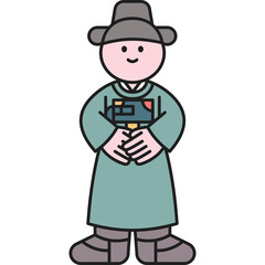 Traditional Korean Man in Green Robe and Hat Standing Hands Clasped with a Subtle Smile Against a Transparent Background