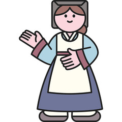 Smiling Cartoon Woman Wearing Traditional European Costume with Apron and Head Covering Standing with Open Arms and Friendly Expression