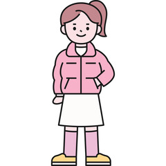 Stylized Full Body Illustration of a Young Girl in a Pink Jacket and White Skirt Standing with One Hand in Pocket against a Transparent Background