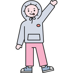 Stylized Cartoon of a Cheerful Person Wearing a Gray Hoodie and Pink Pants Waving with Tongue Sticking Out Isolated on White Background