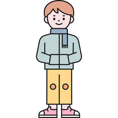Young Boy Standing Wearing A Light Blue Jacket Yellow Pants And Pink Sneakers With A Blue Scarf Over A Transparent White Background