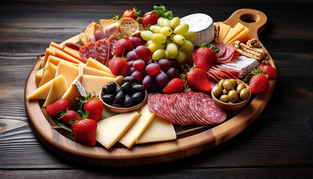 indulge in this exquisite charcuterie board featuring a delightful array of cheeses cured meats olives grapes and fresh strawberries perfectly arranged for a sophisticated culinary experience