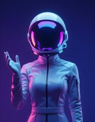 Futuristic woman astronaut model reaching forward in neon gradient background