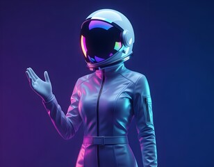 Futuristic woman astronaut model reaching forward in neon gradient background