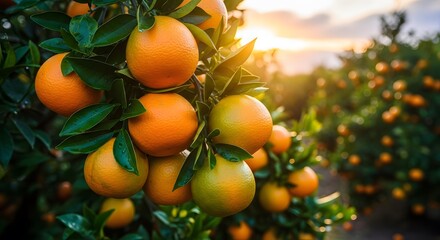 Ripe oranges on a tree branch with lush green leaves at sunset