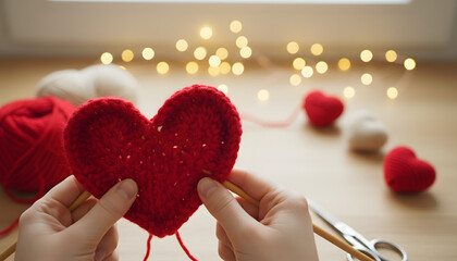  Warm Valentine-themed scene showing hands knitting a soft red heart. Yarn, cozy light, and decorative hearts create a romantic, handmade atmosphere perfect for love, gifting, and holiday concepts.