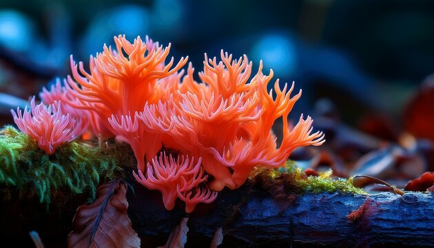 close up of vibrant coral fungus on forest debris