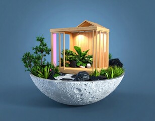 Lunar base terrarium with miniature plants and wooden structure