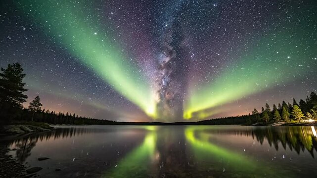 Stunning night sky with milky way and auroras over lake