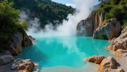Relaxing geothermal hot springs, steam rising from turquoise water, surrounded by lush green vegetation and rugged rocks Perfect for spa, travel, and nature themes , mineral rich, resort, hydrology