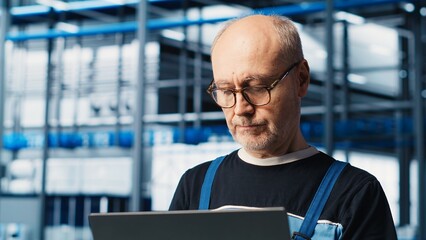Smart factory senior engineer uses laptop to oversee operation of robotic arms and conveyor systems. Experienced industry 4.0 plant technician monitors system performance using notebook, camera A