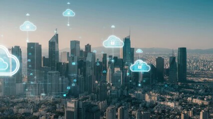 Digital cloud technology with security icons over cityscape representing data protection and computing - Powered by Adobe