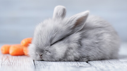 Fluffy gray rabbit sleeping on a wooden surface, carrots in the background. Soft light, calm atmosphere, cute pet, theme of coziness, love, care and nature