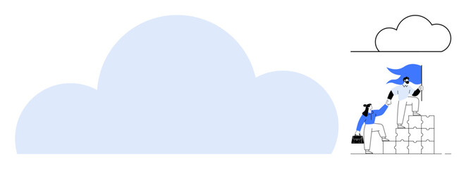 Two figures working together atop stacked blocks, symbolizing teamwork and goal achievement. Large cloud backdrop emphasizing digital connectivity. Ideal for teamwork, cloud technology, support