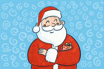 Joyful Cartoon Santa Claus Illustration on Whimsical Blue Swirl Background