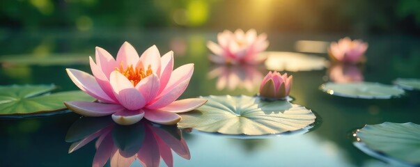 Serene water lilies floating on calm water, sunlight reflecting on the surface, creating a tranquil and peaceful atmosphere Perfect for spa, wellness, nature, and relaxation themes , pond, plant