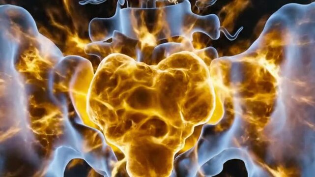 Illuminated skeletal structure of the lower back and pelvis showing inflammation and pain anatomy