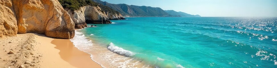 Sun-drenched turquoise waters lap the golden sands of the Turkish coast, dramatic cliffs rising in the background A perfect postcard scene of Mediterranean beauty , seascape, horizon