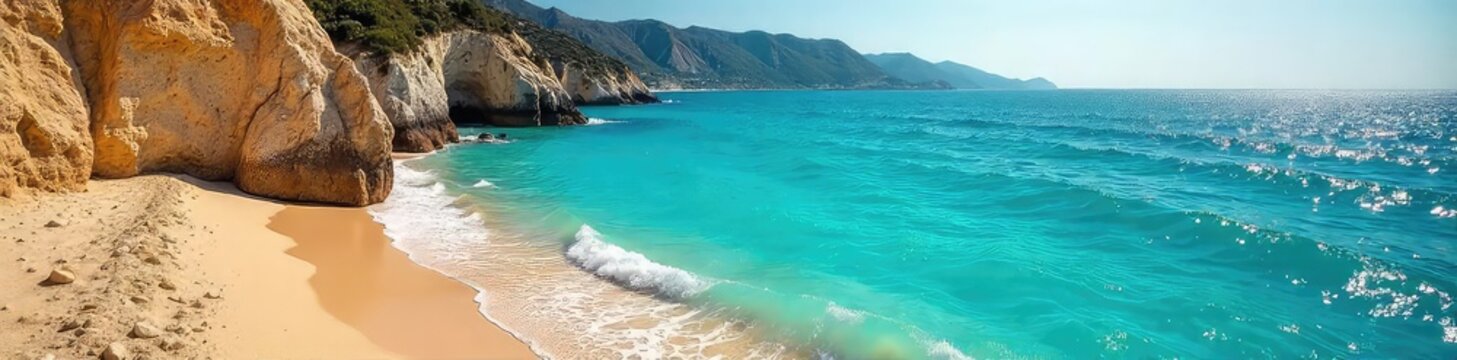 Sun-drenched turquoise waters lap the golden sands of the Turkish coast, dramatic cliffs rising in the background A perfect postcard scene of Mediterranean beauty , seascape, horizon