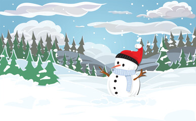 Winter scene with snowman in snowy landscape. Winter holidays or Christmas background for Xmas cards and banners. A cute snowman with stick arms, carrot and Christmas hat. Vector drawing.