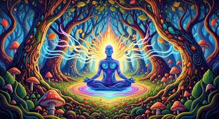 Obraz premium Meditative figure in a luminous surreal forest radiating light among vibrant trees and glowing aura.