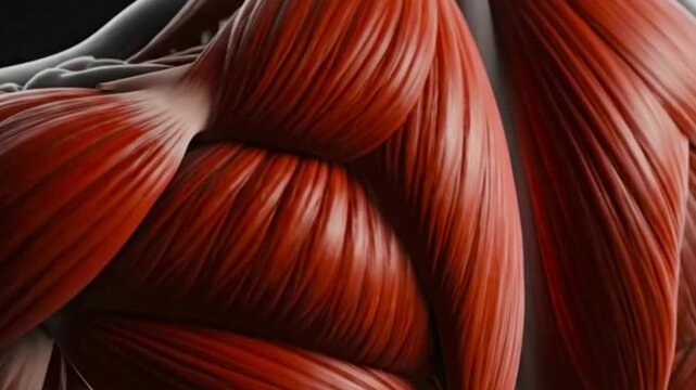 Close up rendering of human shoulder muscles and bones with black background anatomy study