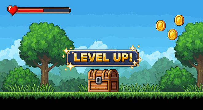 A colorful pixel art scene from a retro video game celebrating a level up achievement with a treasure chest and golden coins