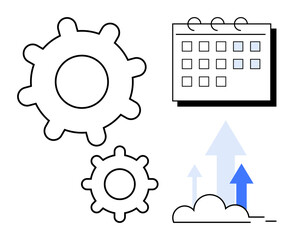 Gears indicating productivity, a calendar suggesting planning, and arrows symbolizing growth and progress. Ideal for planning, organization, productivity, growth, workflow, deadlines teamwork