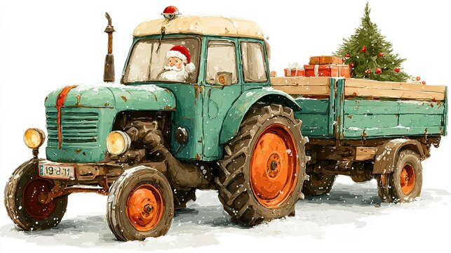 Santa Claus drives a green tractor with a trailer carrying gifts and tree.