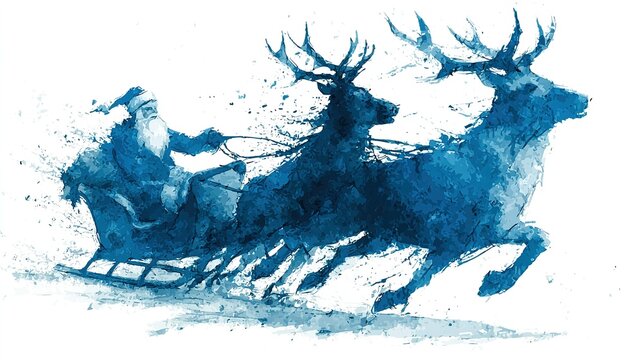 Santa Claus in a sleigh pulled by reindeers illustration on white background.