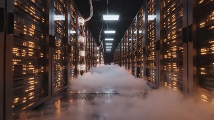 Futuristic server room with endless rows of blinking lights and glowing cables - Powered by Adobe