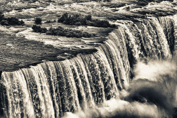 Aerial view of Niagara Falls on a cloudy morning. Horseshoe Falls
