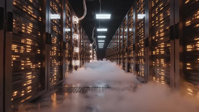 Futuristic server room with endless rows of blinking lights and glowing cables