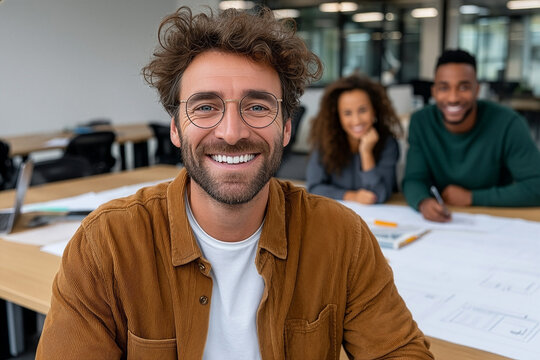 Smiling team of creative professionals discussing storyboard ideas during meeting in open office with documents visible