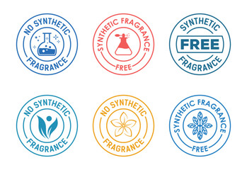 No synthetic fragrance stamp with flask icon in blue color isolated on white