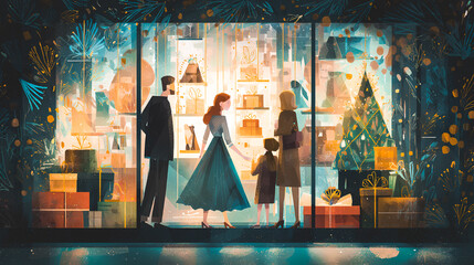 Family admiring a festive Christmas shop window display. A father, mother, child, gazes at a decorated shop window filled with gifts and a Christmas tree, creating a warm holiday atmosphere Wintertime