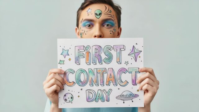 Man with alien face paint holding sign reading "First Contact Day"