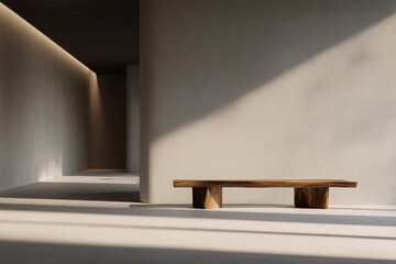 interior design, simple hallway with wooden bench and gentle shadows, featuring a cozy, calming color scheme