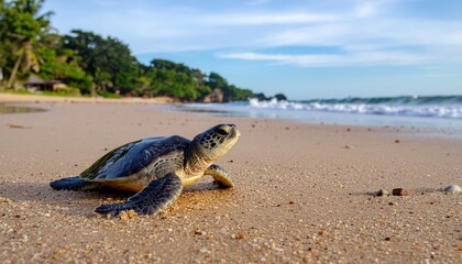 beautiful sea turtle is seen on a sunlit, sandy tropical beach, slowly making its way towards the ocean. The low angle captures the determination of the turtle against the backdrop of palm trees