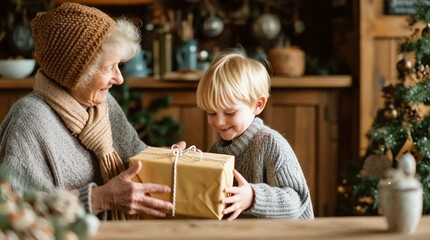 Grandmother giving a wrapped gift to a young boy in a cozy christmas setting