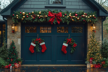 Luxurious Christmas Decorations Adorning a Modern Garage Door
