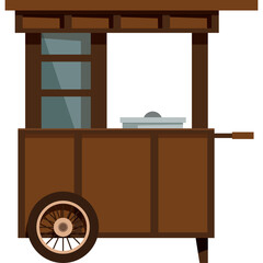Rustic Wooden Food Cart with Wheels and Serving Window Detailed Illustration Outdoor Vendor Stall Brown and Grey Tones Simple Clean Design