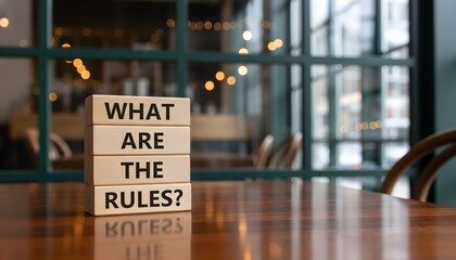 Wooden blocks stacked on a reflective table spelling out the question 'What are the rules?' against a blurred background.