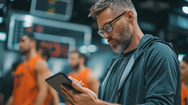 Man with glasses looking at a tablet on a basketball court with players near