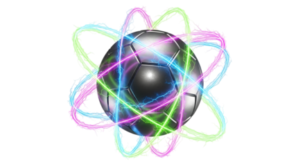 Metallic Soccer Ball, with Swirling Neon Energy Trails and Lightning Effects, isolated on a transparent background, cutout, PNG