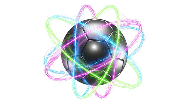 Metallic Soccer Ball, with Swirling Neon Energy Trails and Lightning Effects, isolated on a transparent background, cutout, PNG